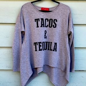 Akira Chicago read label,tacos and tequila gray top
Size M, runs big,high-low